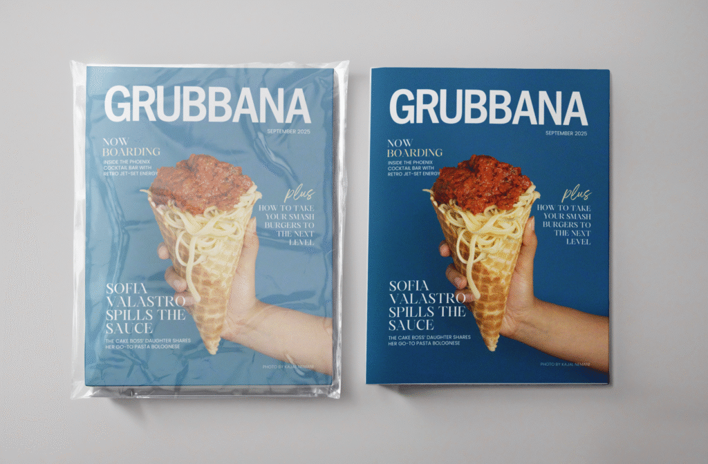 two copies of grubbana magazine september issue side by side