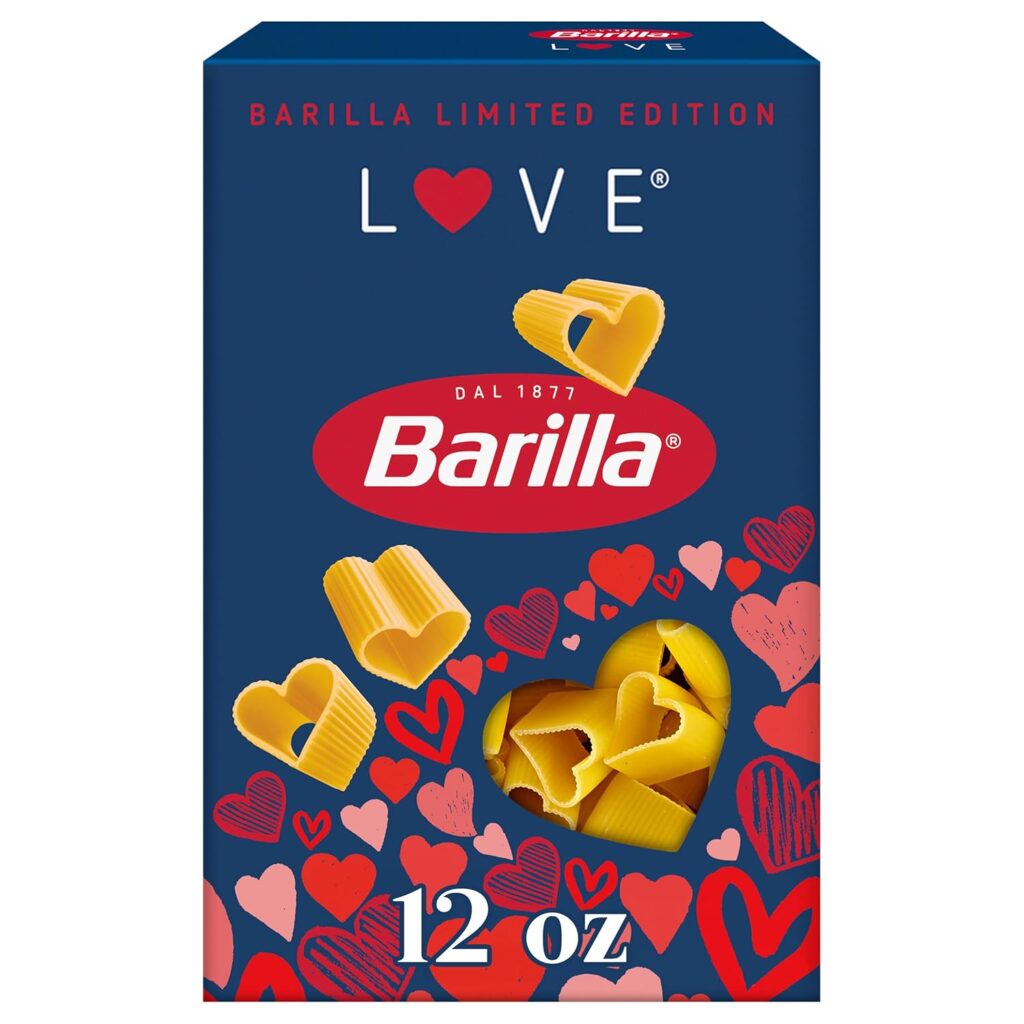 Box of heart-shaped Barilla pasta, uncooked pasta noodles in heart shapes, packaged pasta for Valentine’s Day or romantic meals