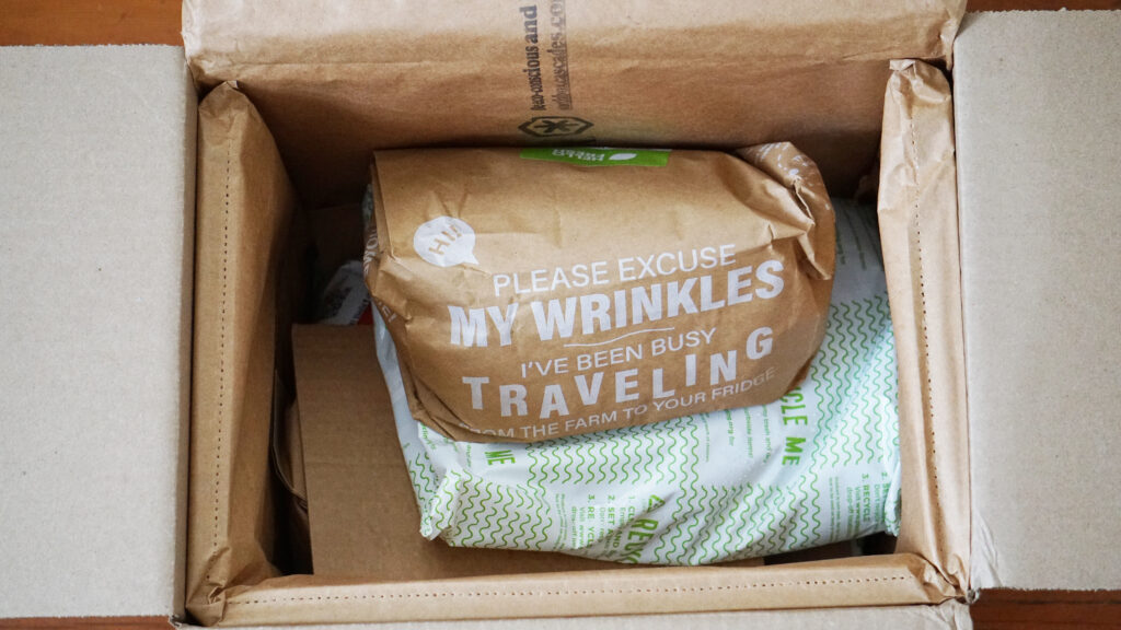 Inside a HelloFresh box showing insulation liners and large ice packs keeping meal kits cold