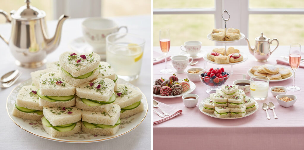 Cucumber and cream cheese tea sandwiches cut into heart shapes using a cookie cutter, arranged on a serving plate.