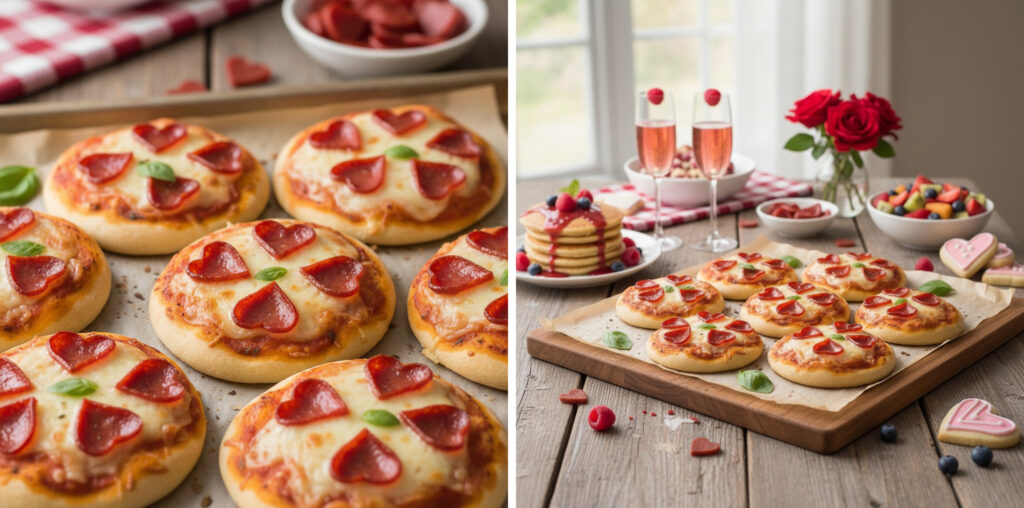 Close-up of mini pizzas with melted cheese and pepperoni cut into heart shapes, arranged on a serving plate.