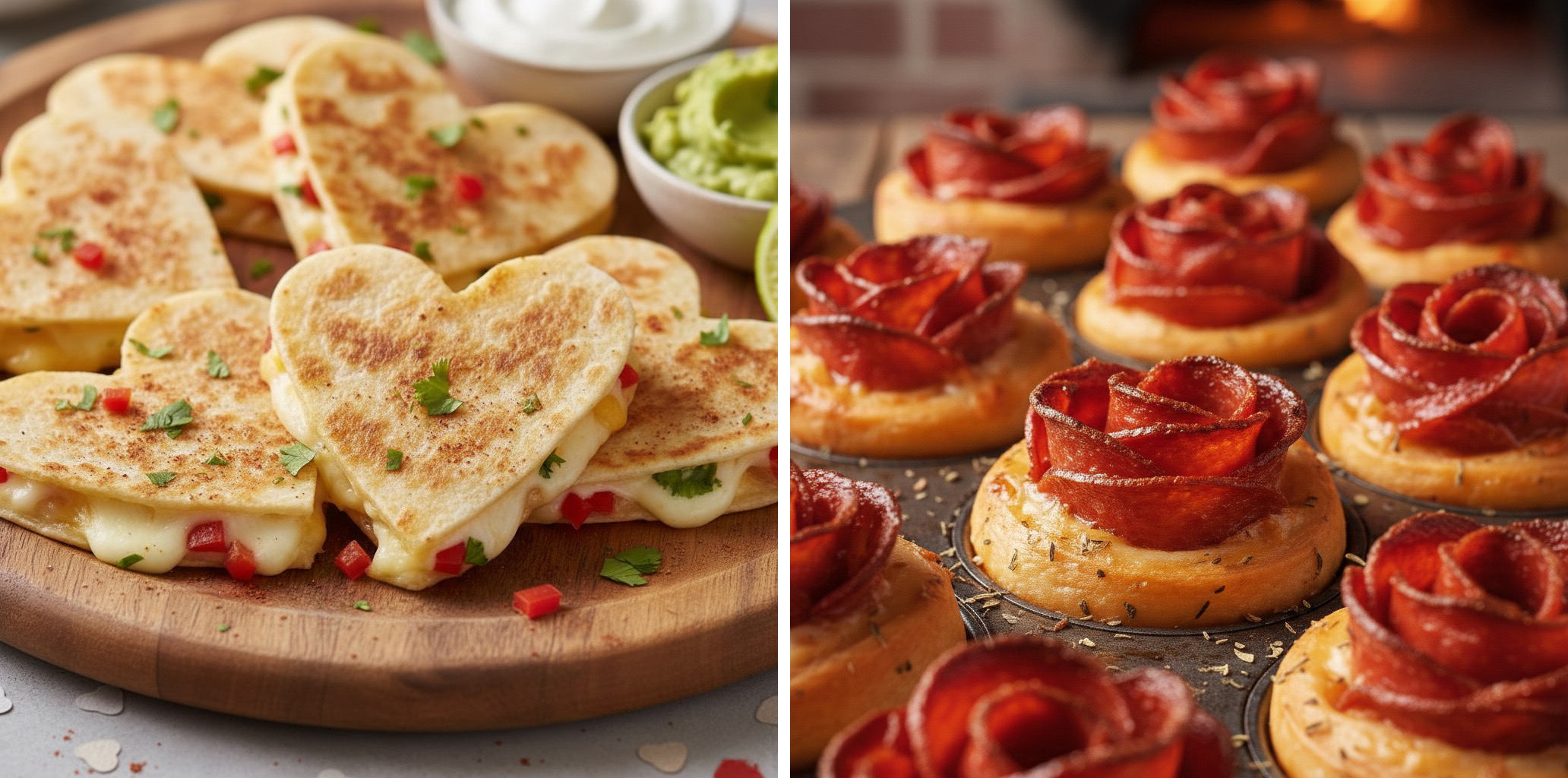 Side-by-side photos of pepperoni roses baked in crescent dough and mini heart-shaped cheese quesadillas.