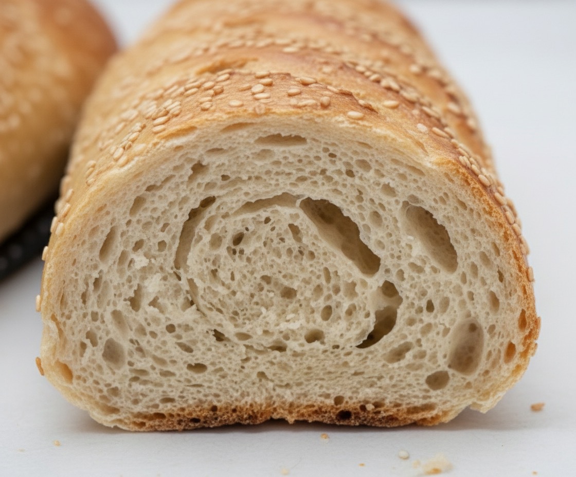 Close-up of a golden-brown semolina loaf with sesame seeds, showing crisp crust and soft interior.