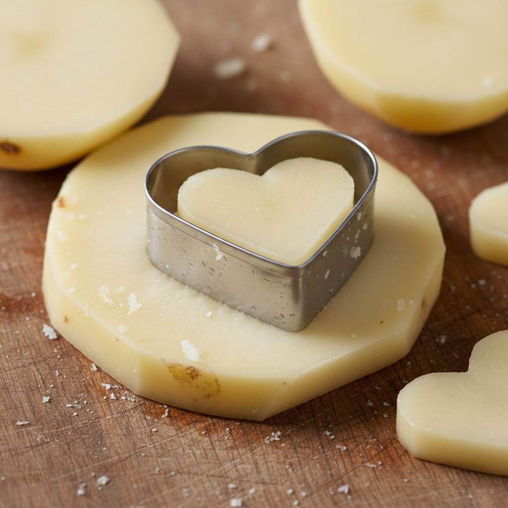 Mini heart-shaped cookie cutter cutting into raw potato slices to make heart-shaped French fries