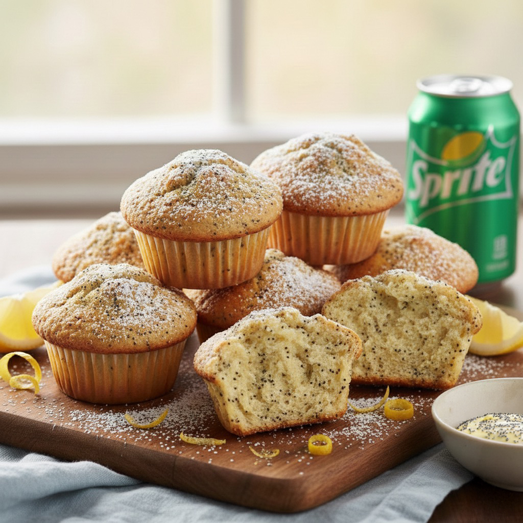 Lemon poppy seed muffins made with Sprite, baked until golden and topped with powdered sugar.