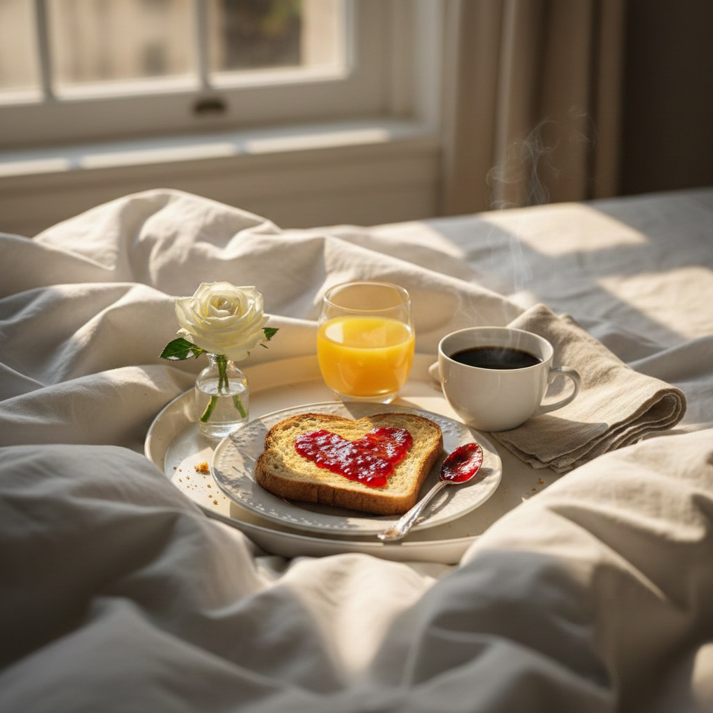 Heart-shaped egg cooked in a slice of toasted bread on a skillet, breakfast in bed idea for Valentine’s Day