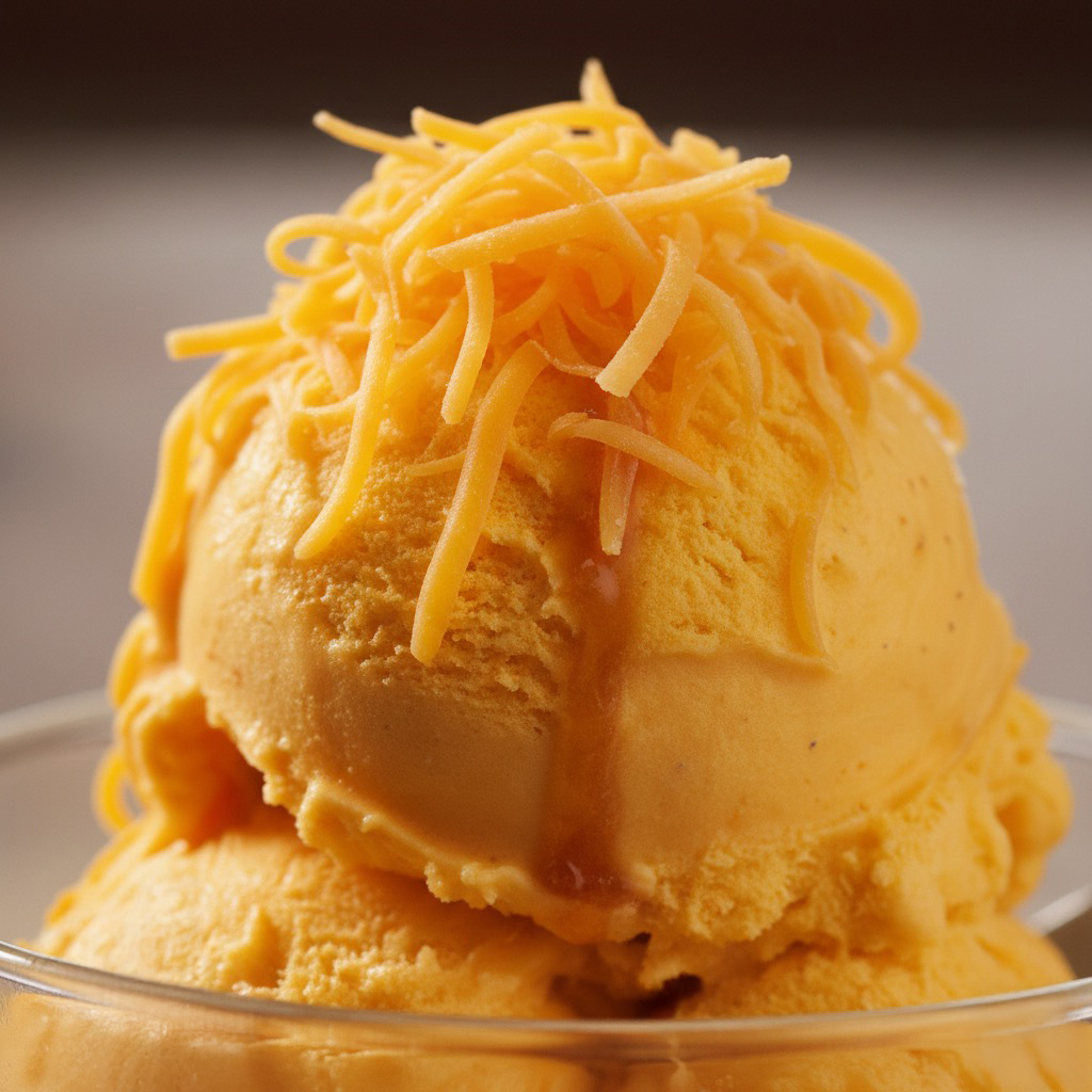 Macro shot of Filipino cheese ice cream showing creamy texture with swirls of cheddar