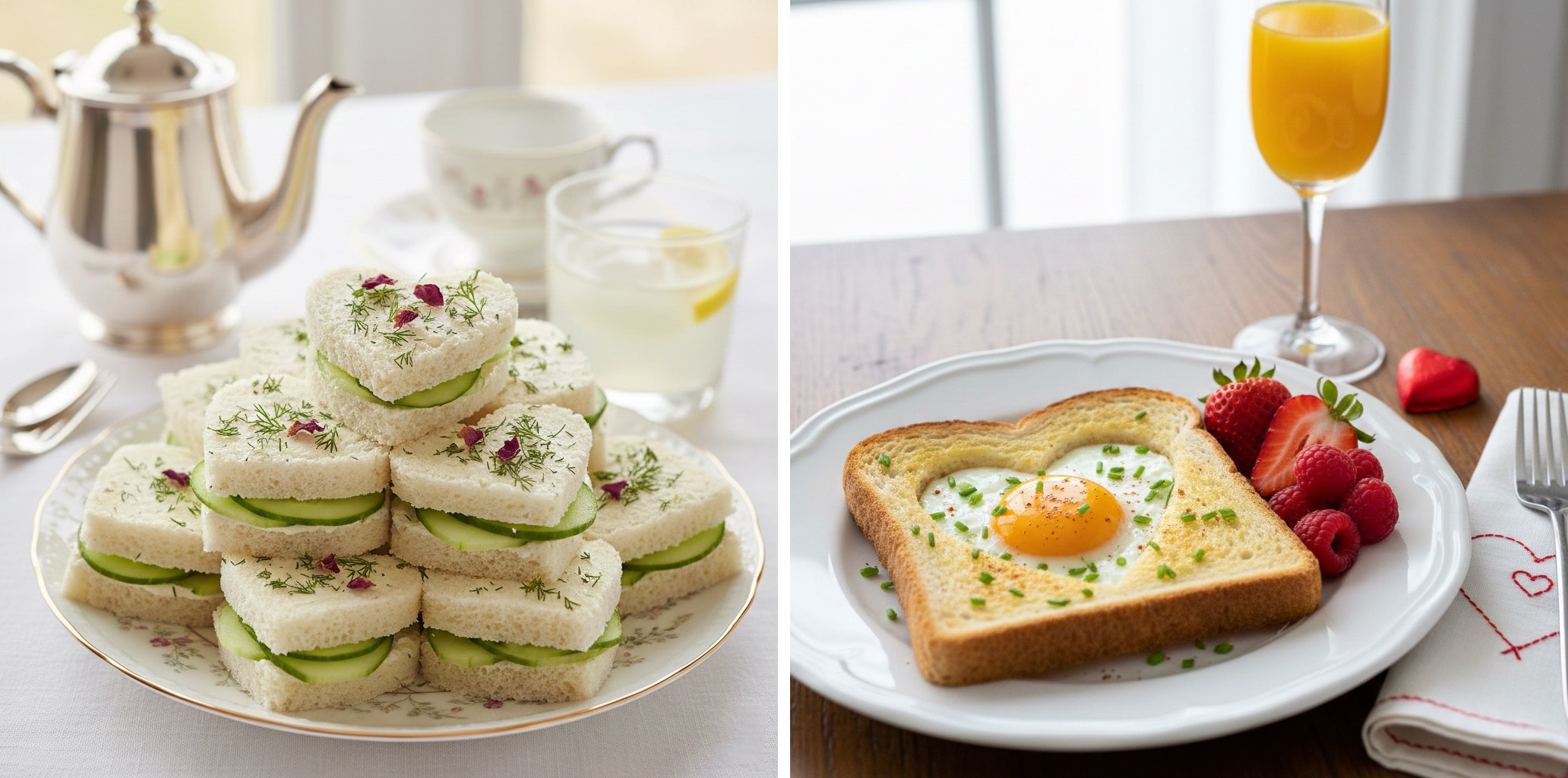 stack of heart shaped cucumber and cream cheese tea sandwiches alongside plate of egg-in-hole toast with heart cutout