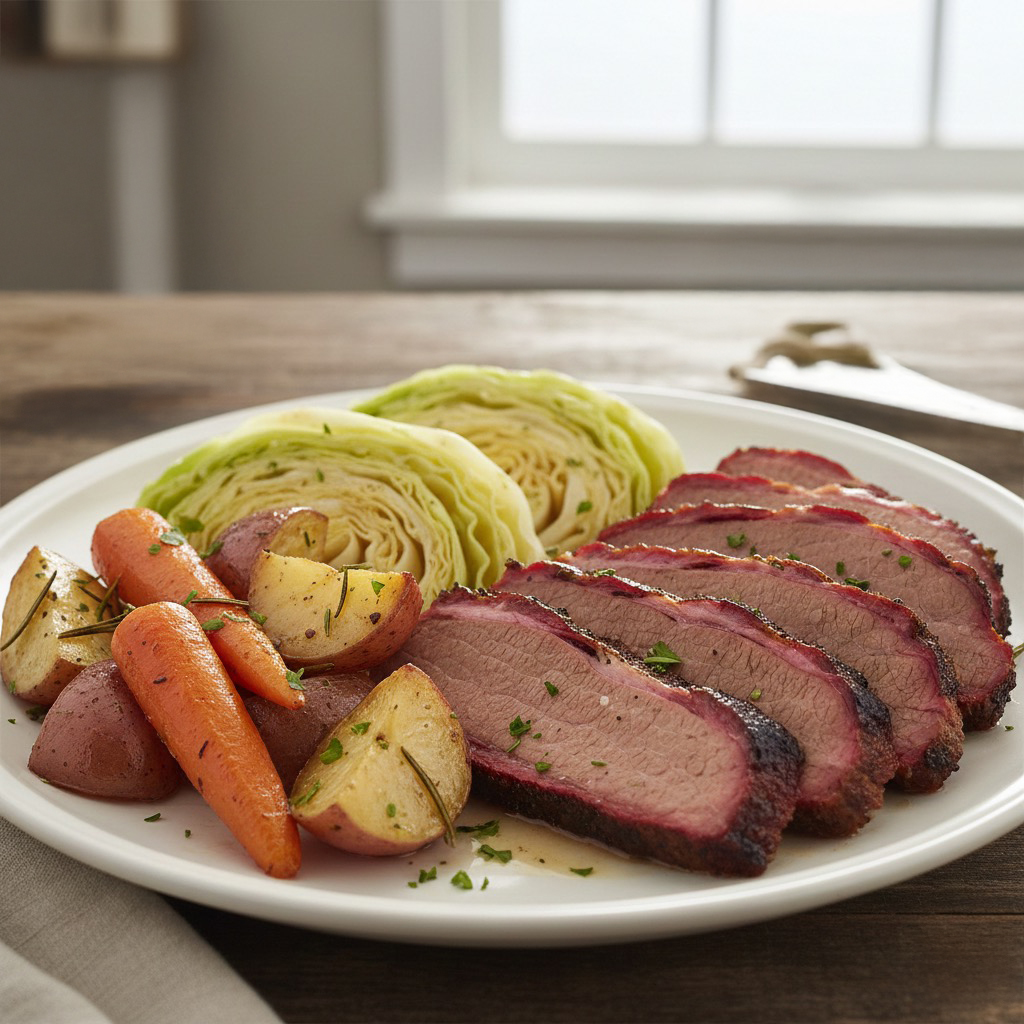 Same-day corned beef–style sliced London broil served with cabbage, carrots, and potatoes