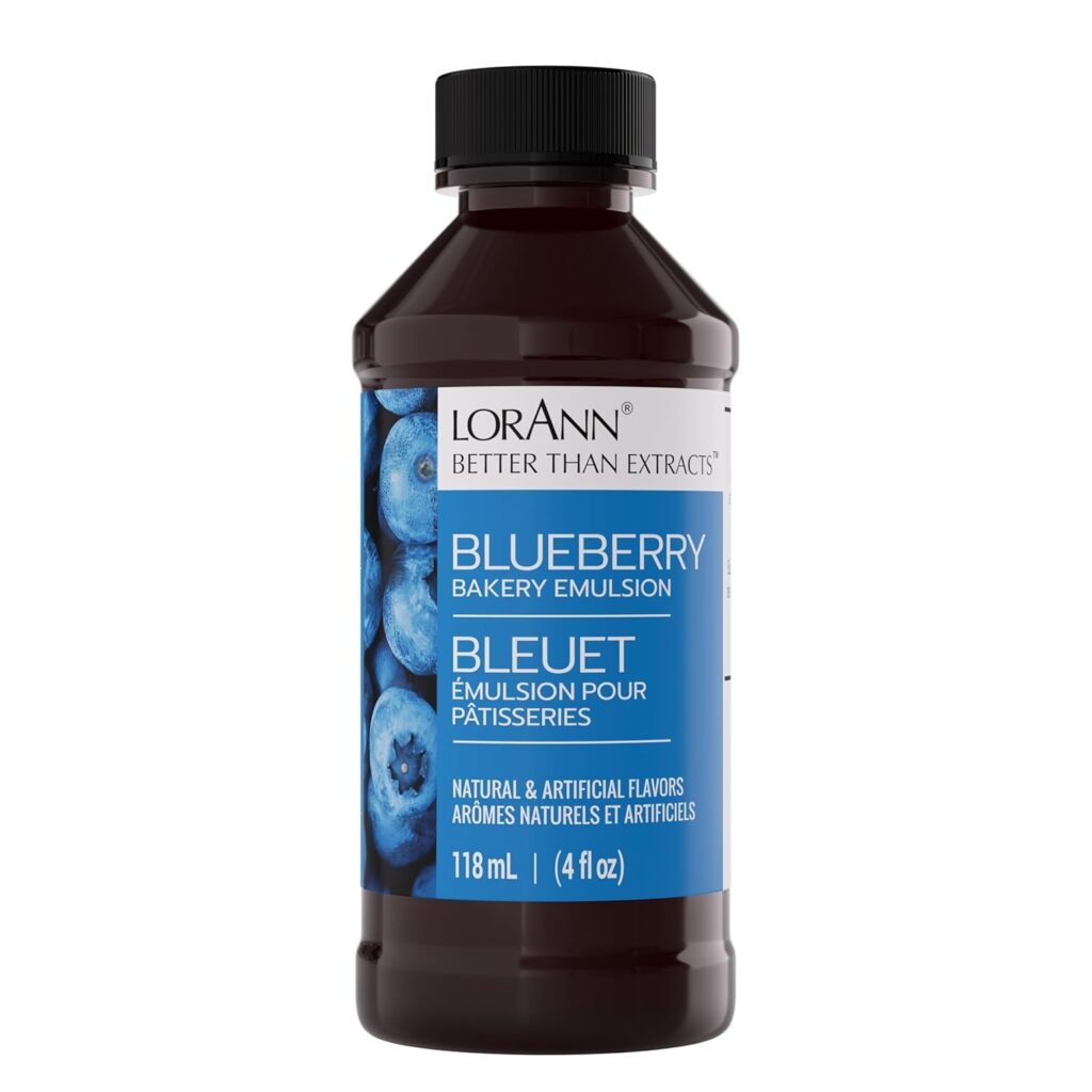 Bottle of blueberry extract used to enhance flavor in blueberry muffin top sandwiches and muffin top recipes.