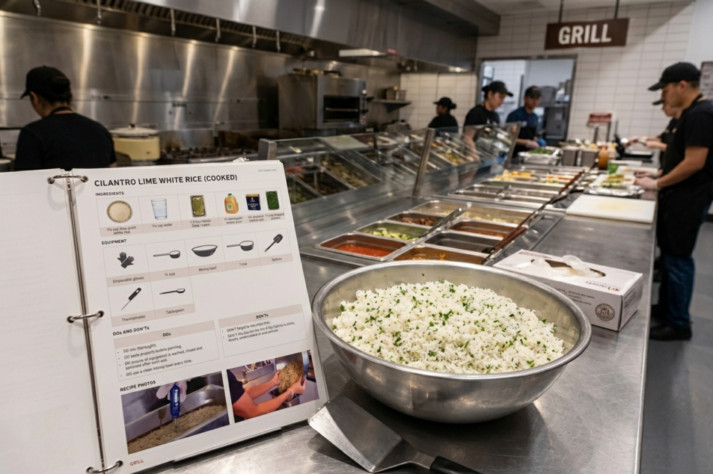 Cilantro lime rice in a stainless steel mixing bowl in a Chipotle kitchen, fluffed and mixed with fresh cilantro, next to an open recipe binder