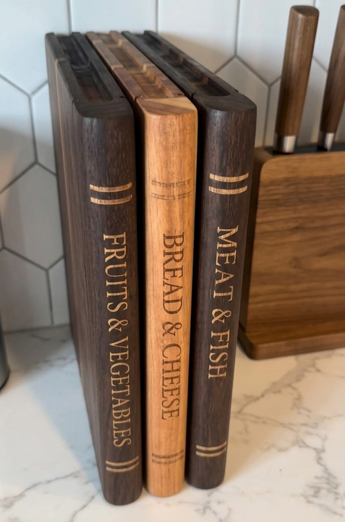 Set of book-shaped wooden cutting boards labeled for meat and fish, bread and cheese, and fruit and vegetables on a kitchen counter