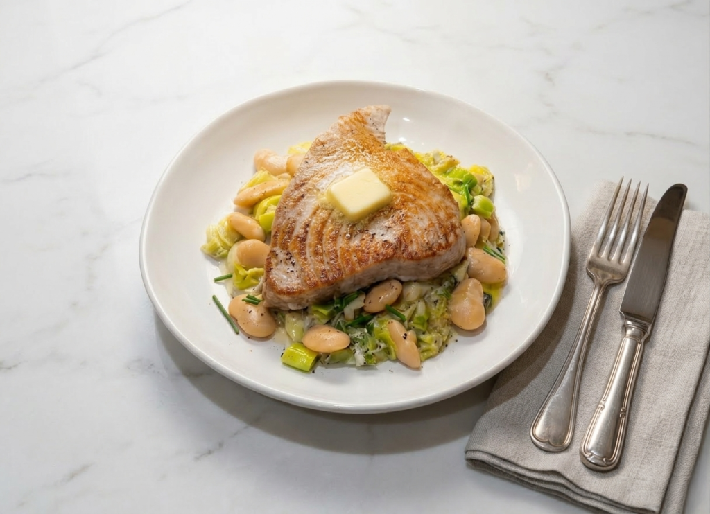 Seared tuna steak served over creamy leeks, celery, and butter beans.