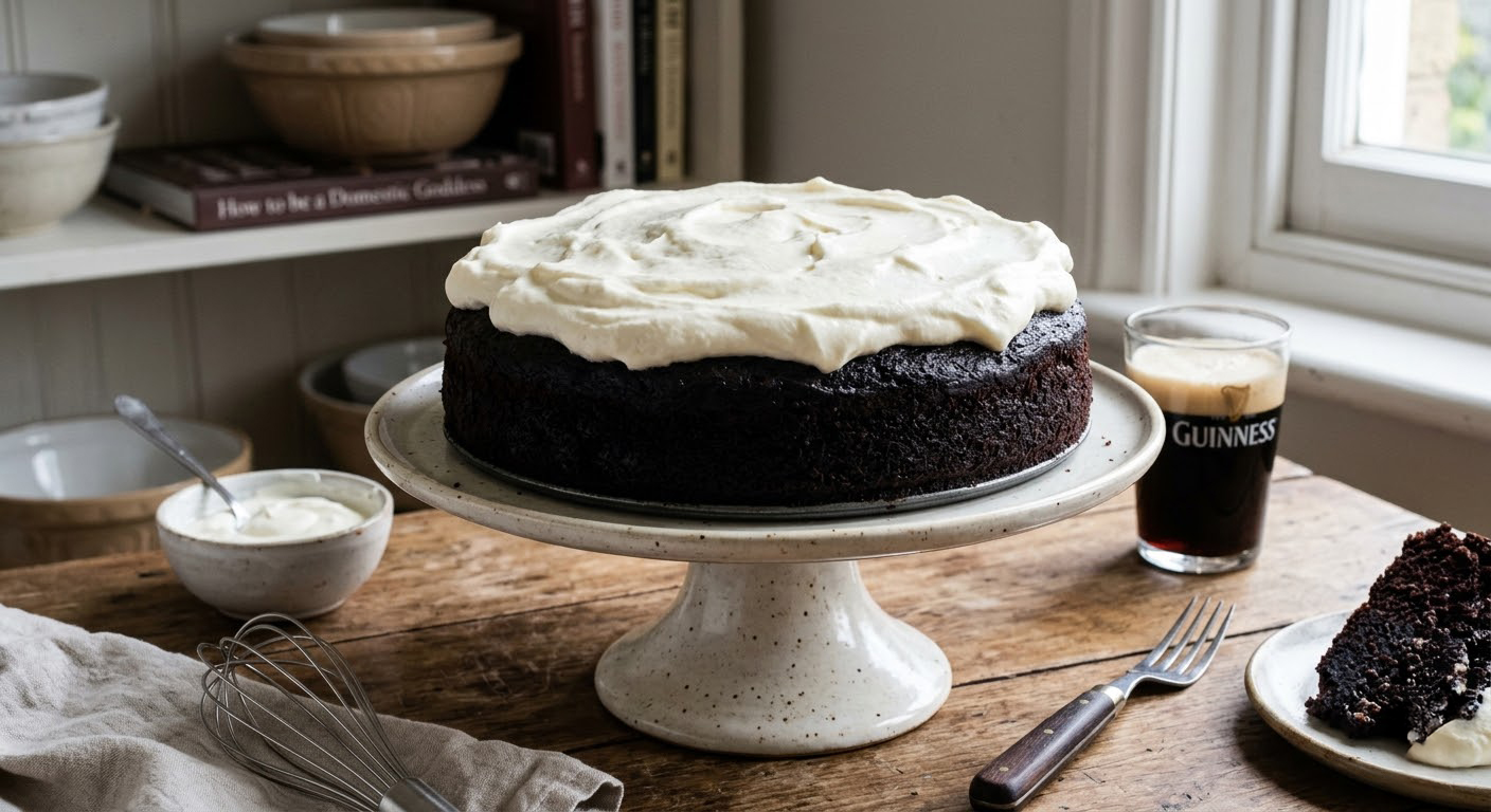 Nigella Lawson’s Guinness chocolate cake on a cake stand next to a pint of Guinness for St. Patrick’s Day dessert
