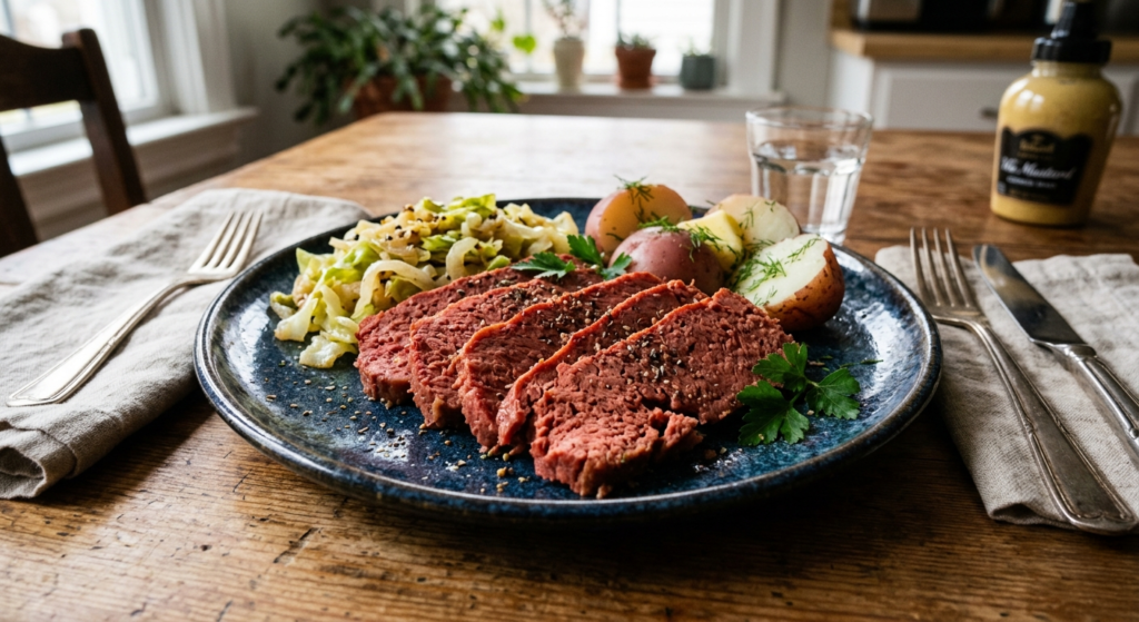 Plate of vegan corned beef with potatoes and cabbage, plant-based St. Patrick’s Day meal