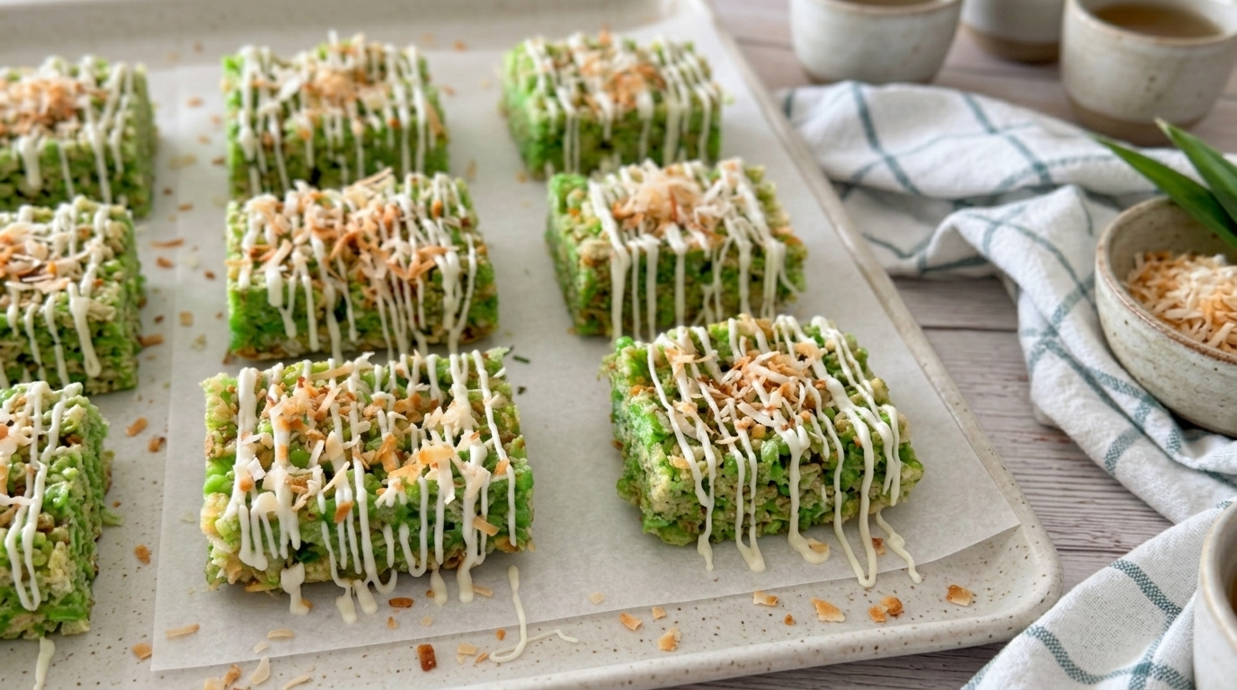 Pandan coconut rice krispie treats with toasted coconut mixed in and a light white chocolate drizzle on top, cut into squares.
