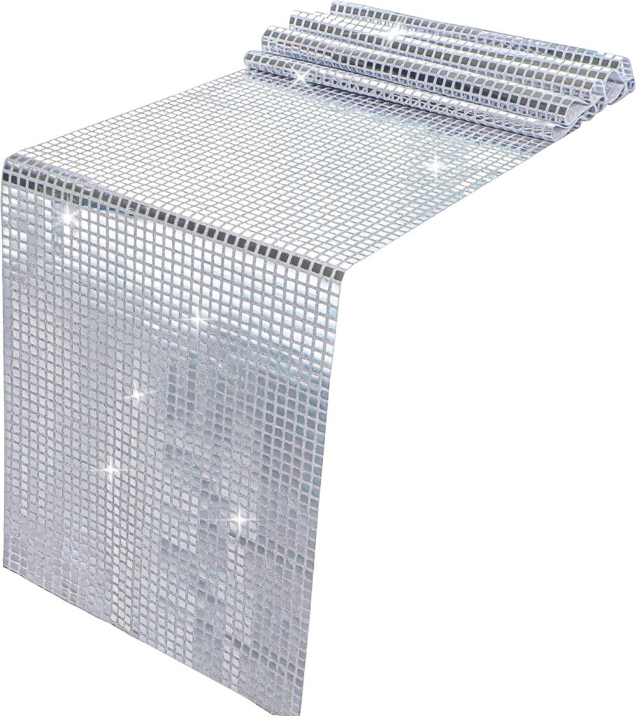 Disco glitter table runner with silver shimmer, styled for a Michael movie night inspired by Michael Jackson’s iconic sequin glove aesthetic.