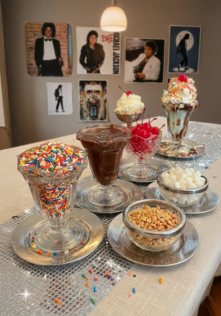 Self-serve ice cream sundae bar with toppings like chocolate sauce, whipped cream, and cherries, styled for a Michael movie night inspired by Michael Jackson’s rare dessert preferences.