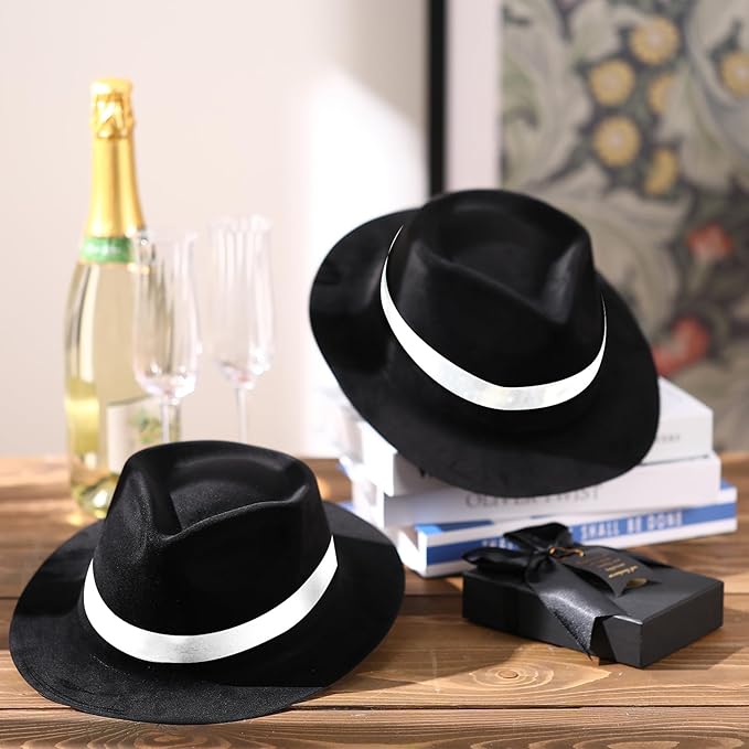 Costume hats inspired by Michael Jackson’s signature style, displayed as wearable party favors for a Michael movie night viewing party.