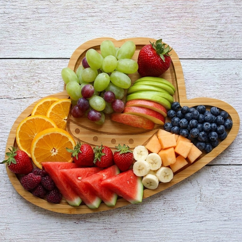 Fruit platter arranged on a Michael Jackson hat–shaped wooden charcuterie board, featuring oranges, grapes, apples, and bananas for a Michael movie night spread.