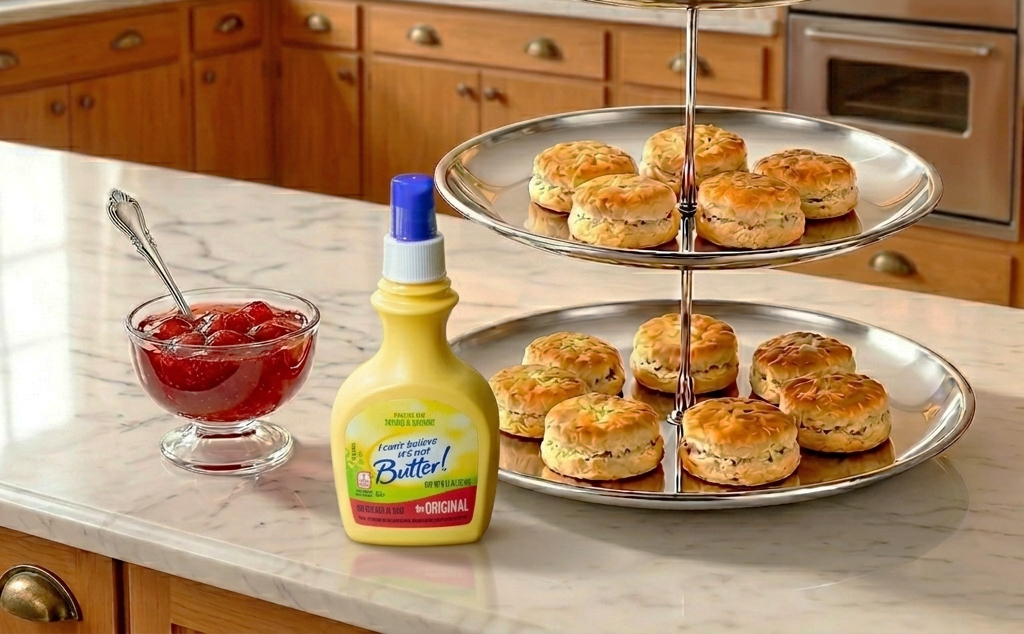 Tiered tray of warm biscuits served with strawberry jelly and spray butter, styled for a Michael movie night inspired by Michael Jackson’s reported favorite foods.