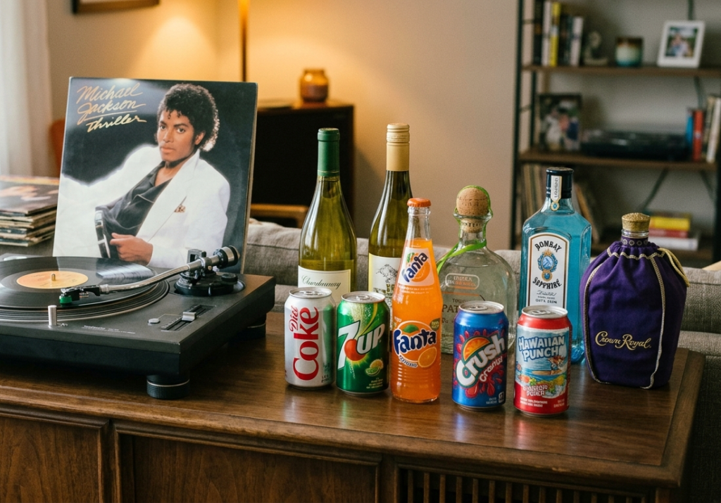 White wine, Diet Coke, 7-Up, Orange Crush, fruit punch, tequila, gin, and Crown Royal displayed beside a record player and Michael Jackson vinyl album for a Michael movie night.