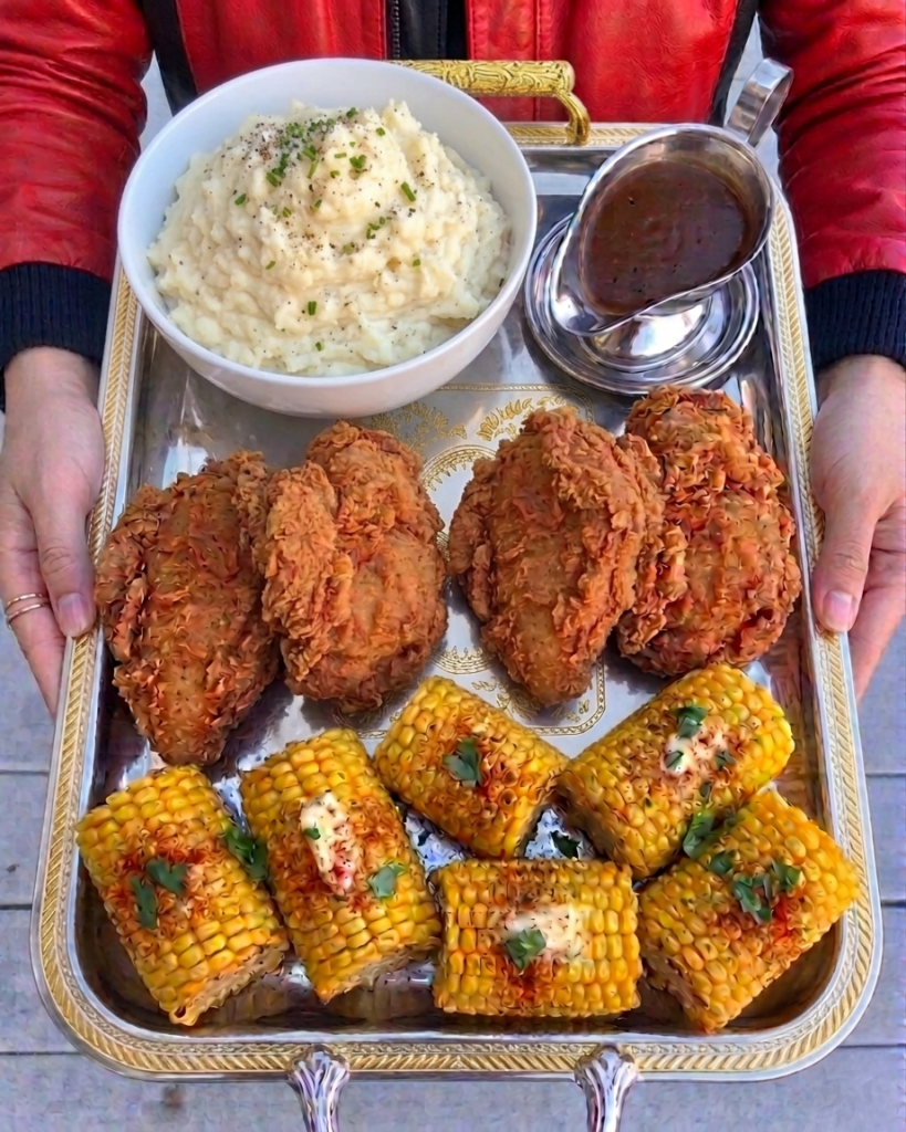 Fried chicken, mashed potatoes with gravy, and corn on a Regis Galerie style silver serving tray inspired by Michael Jackson’s favorite comfort foods for a Michael movie night.