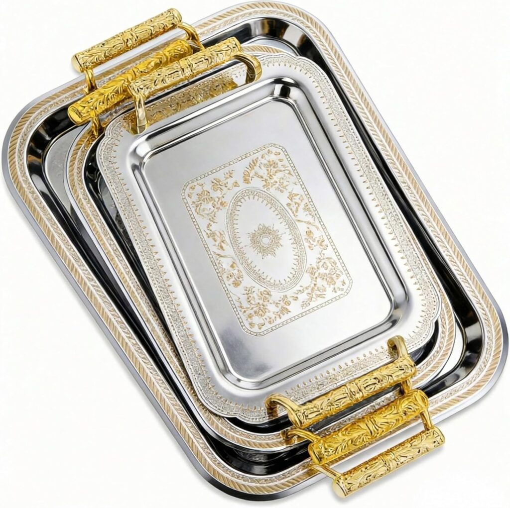 Gold and silver serving platter inspired by Michael Jackson’s Neverland Ranch aesthetic, styled for a Michael movie night and used to serve fried chicken, mashed potatoes, and corn.