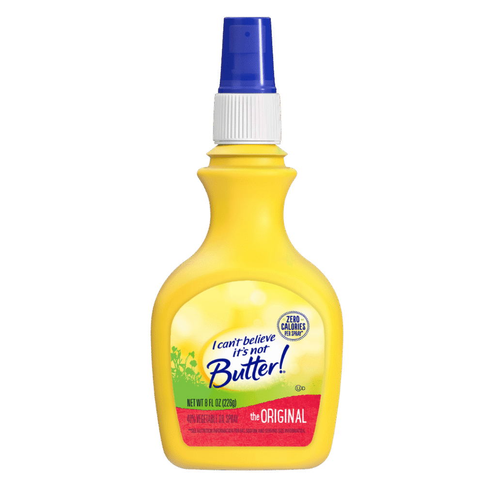 Bottle of spray butter used as a condiment for biscuits, styled as part of a Michael Jackson-inspired Michael movie night food spread.