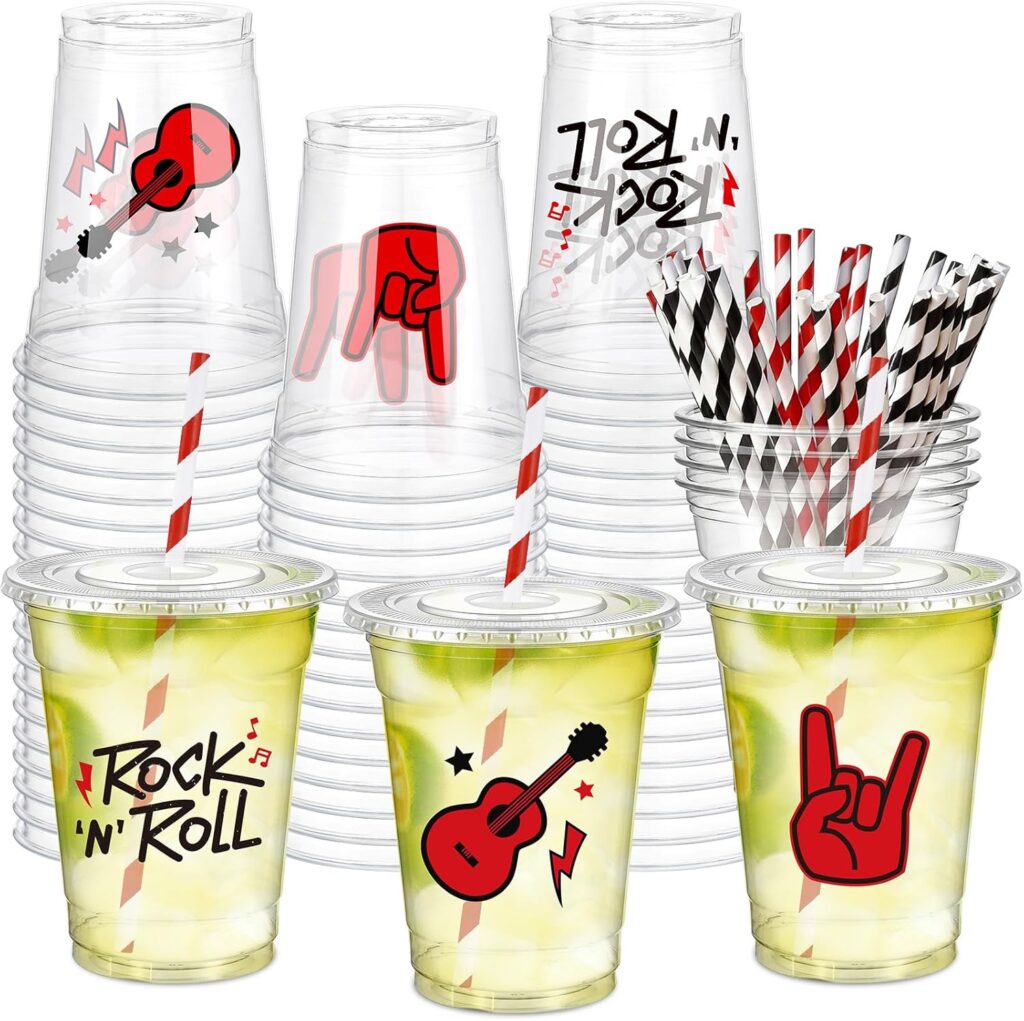 Graffiti-style party drink cups inspired by Michael Jackson’s Bad era, displayed for a Michael movie night viewing party.