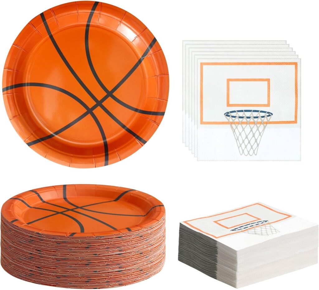 48-piece basketball themed plates and napkins set for game day watch party table setup