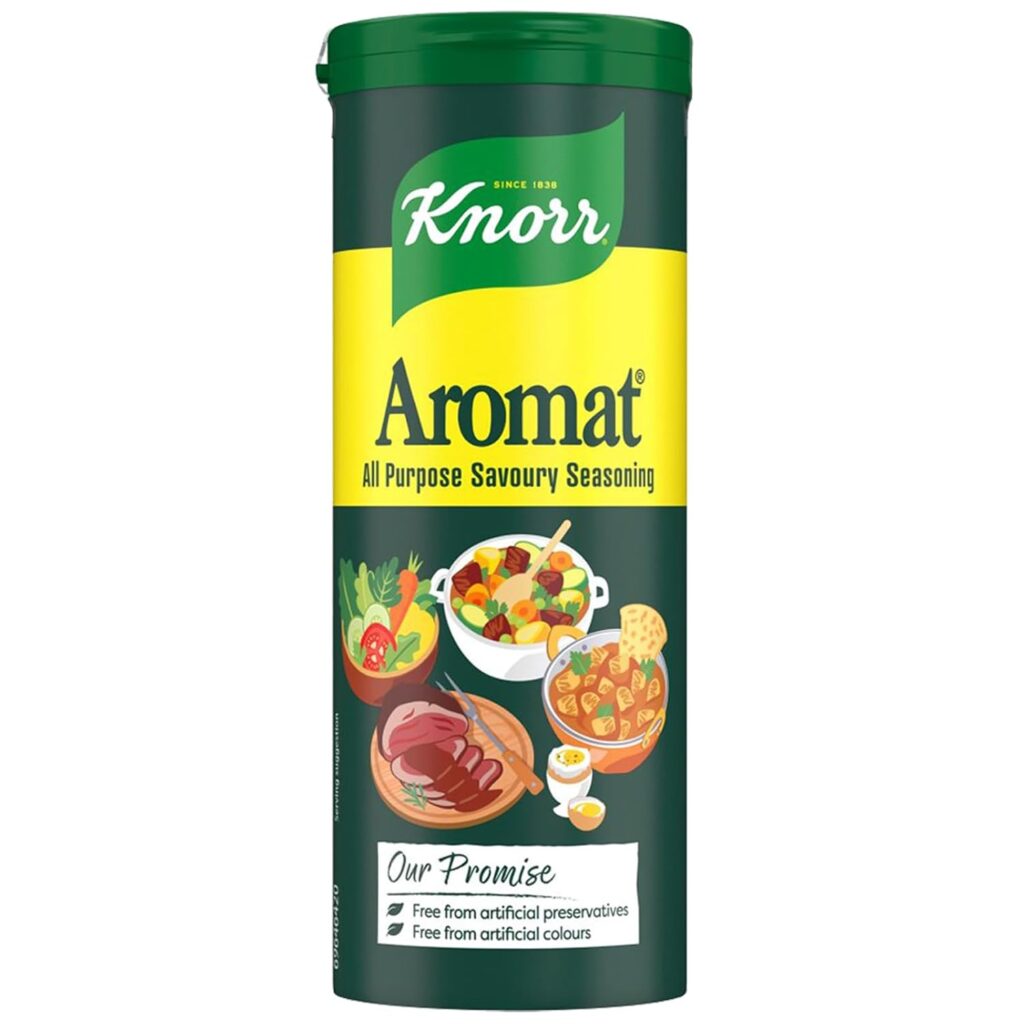 Container of Aromat all-purpose seasoning featured as an ingredient in an imitation muktuk recipe inspired by the flavor and texture of narwhal blubber.
