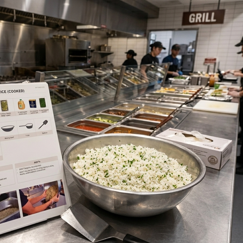 Cilantro lime rice in a stainless steel mixing bowl in a Chipotle kitchen, fluffed and mixed with fresh cilantro, next to an open recipe binder