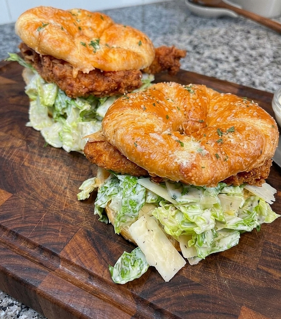 Crispy chicken Caesar salad croissant sandwich filled with romaine lettuce, Parmesan cheese, and Caesar dressing on a toasted buttery croissant.