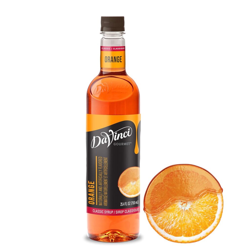 Bottle of Davinci orange syrup used for Knicks watch party themed blue and orange game day drinks