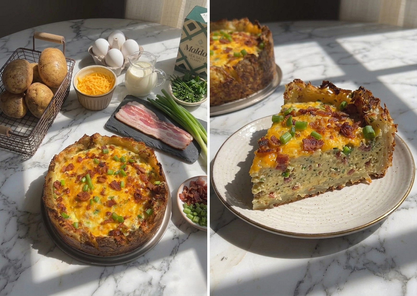 Whole gluten-free potato crust quiche baked until golden brown and served beside russet potatoes, eggs, cheese, and fresh vegetables used in the recipe.