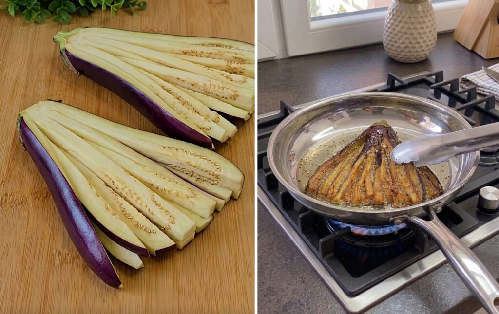 Breaded eggplant strips frying in a hot skillet on the stove until golden and crispy