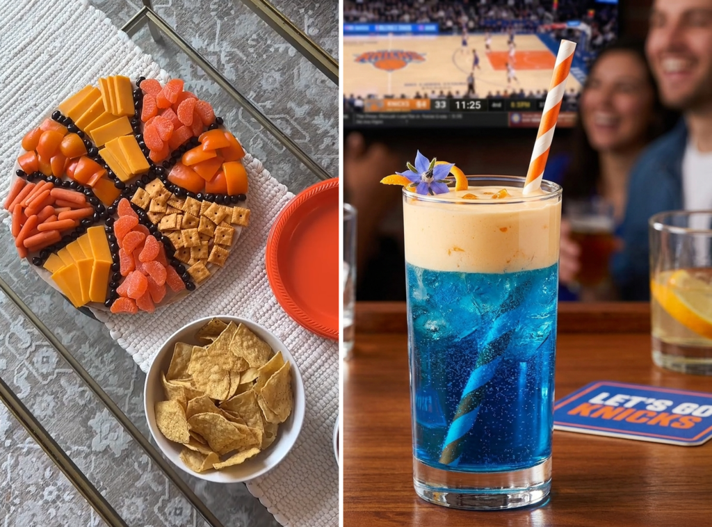 New York Knicks watch party foods featuring blue and orange cocktail and basketball themed charcuterie board, representing game day food ideas