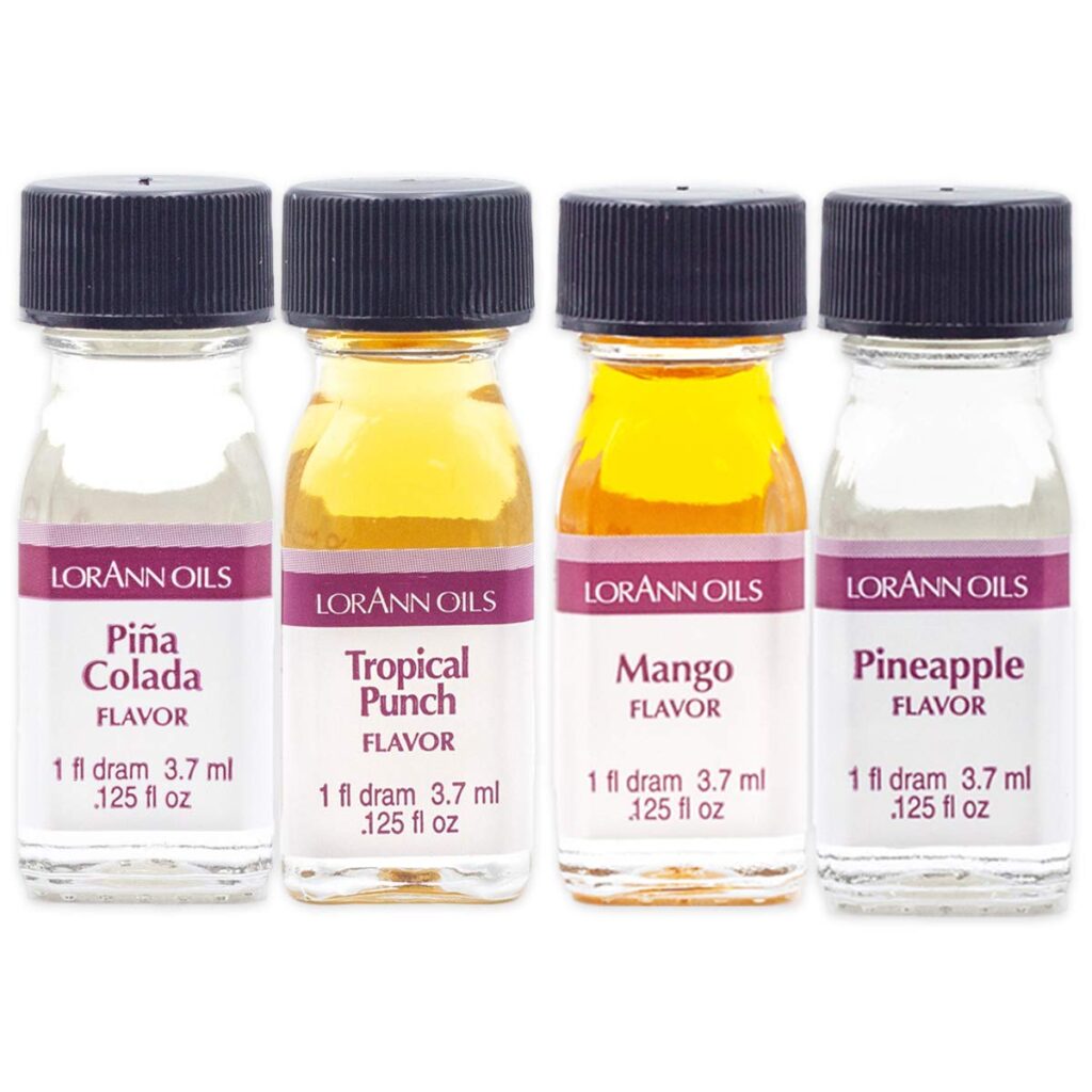 LorAnn Tropical Variety Pack featuring Tropical Punch, Pineapple, Piña Colada, and Mango flavoring oils for baking, frosting, and desserts.