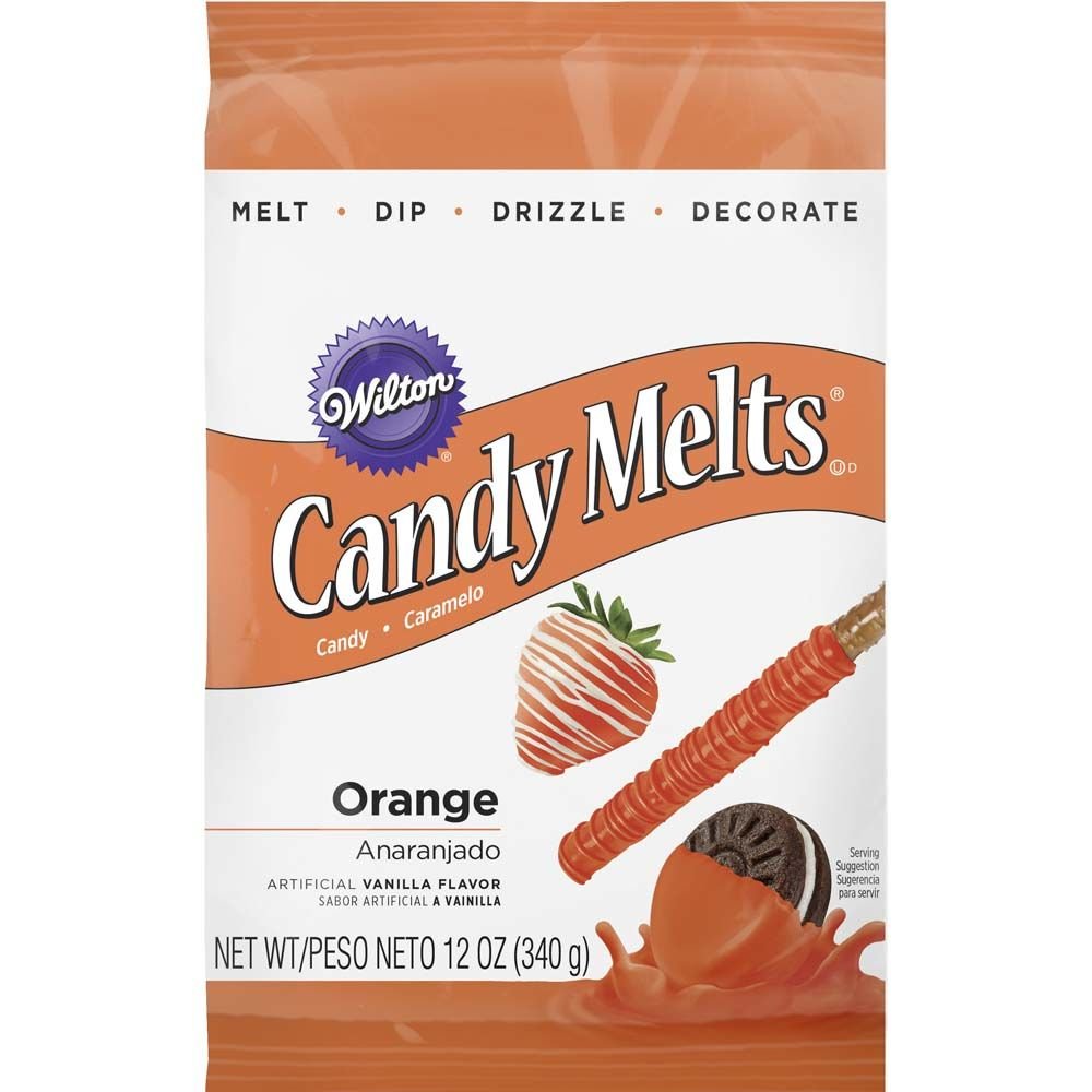 Orange candy melts used for Knicks watch party themed desserts and game day orange and blue food decorations