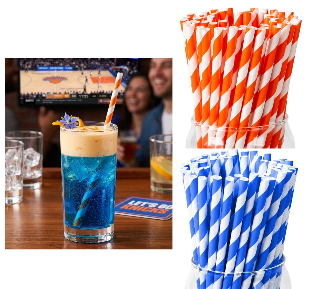 Orange and blue striped straws used for Knicks watch party themed cocktails and game day beverages