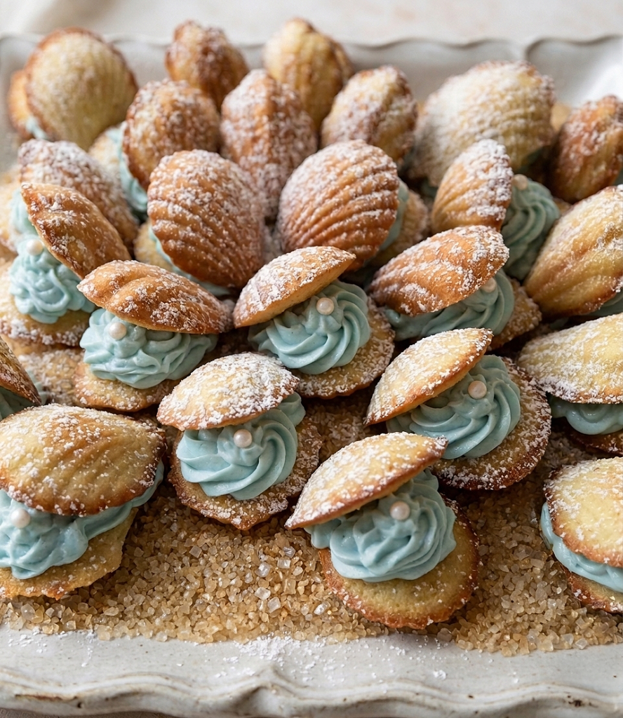 Seashell madeleine sandwich cookies filled with buttercream frosting and topped with pearl sprinkles, served on brown sugar for a beach-themed dessert table at a Surf's Up baby shower.
