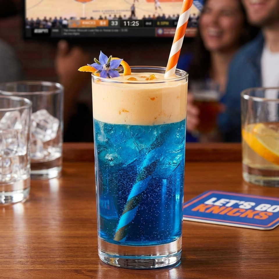 Layered blue and orange Knicks watch party cocktail served in a glass with striped straw for NBA game day celebrations
