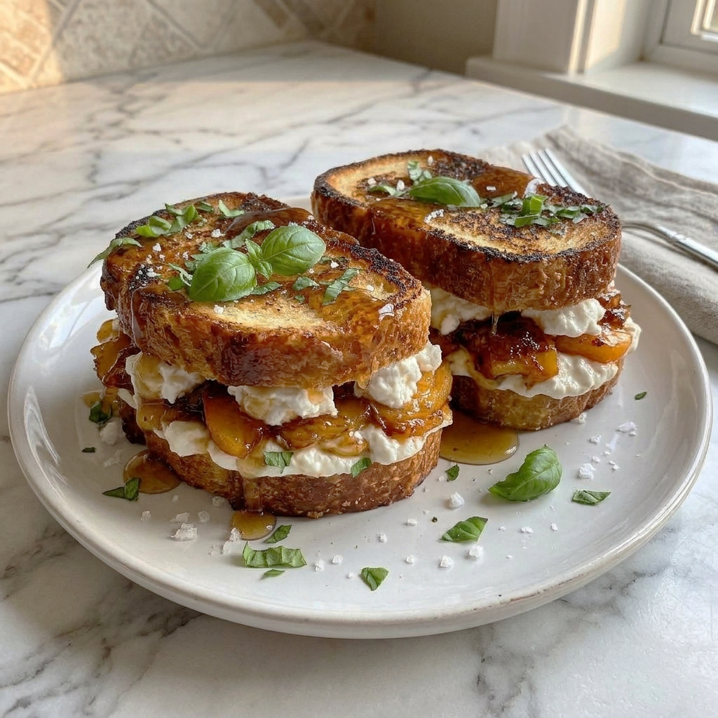 Toasted burrata peach sandwich with fig jam, fresh basil, and prosciutto on rustic bread.