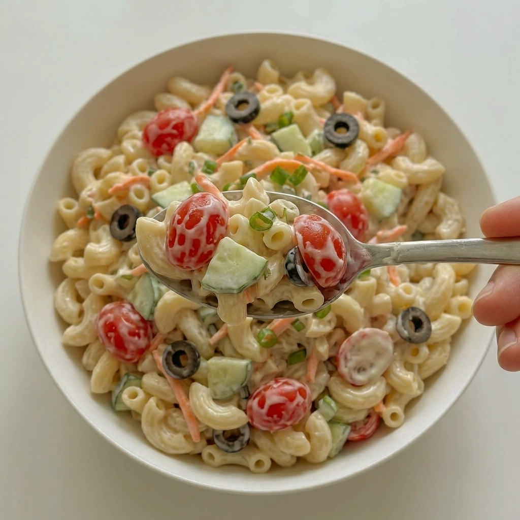 Close-up spoonful of creamy tri-color rotini macaroni salad with tomatoes, cucumbers, olives, and carrots.