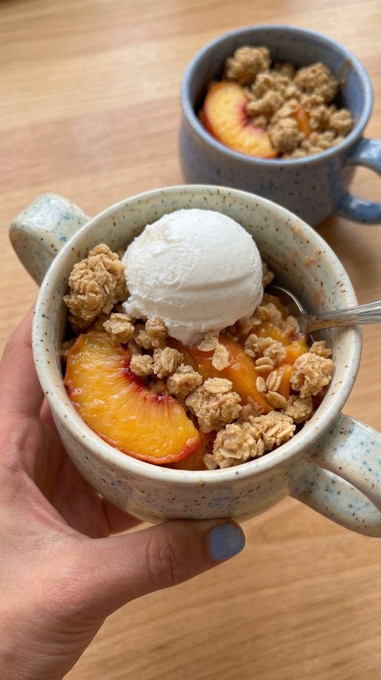 Single-serving no-bake peach crumble made in the microwave with fresh peaches and a buttery oat crumble topping.
