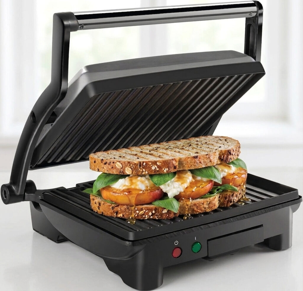 Burrata peach sandwich cooking in a panini press until golden and crispy.