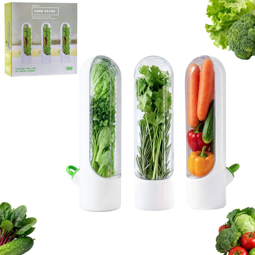 Clear herb keeper container holding fresh basil stems in water to keep herbs fresh longer.
