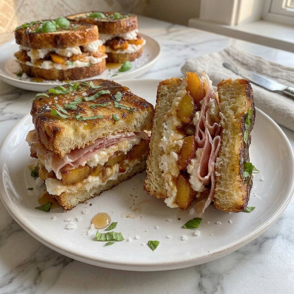 Halved burrata peach sandwich showing layers of peaches, burrata, basil, and prosciutto.