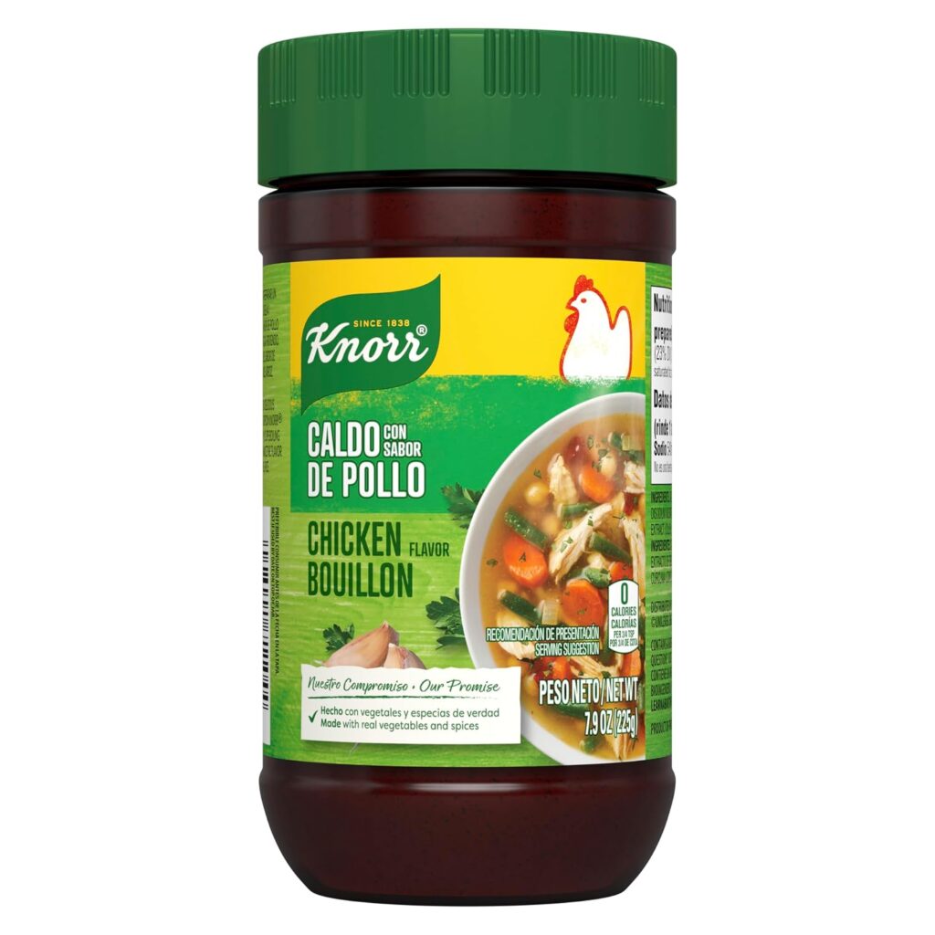 Container of Knorr chicken bouillon powder, the secret ingredient used to season creamy macaroni salad.